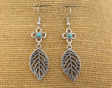 Load image into Gallery viewer, Blue &amp; Silver Tone Flower &amp; Leaf Drop Earrings
