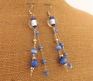 Blue & Silver Tone Handmade Bead Drop Earrings