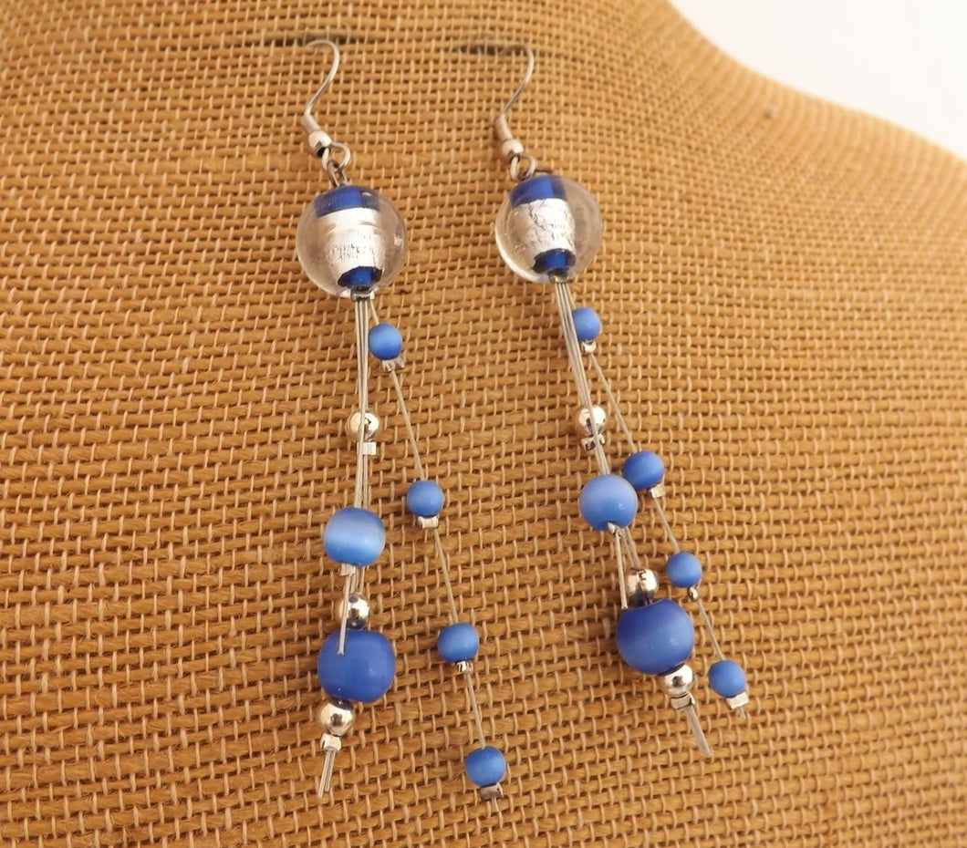 Blue & Silver Tone Handmade Bead Drop Earrings