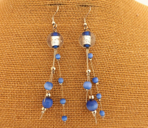 Blue & Silver Tone Handmade Bead Drop Earrings