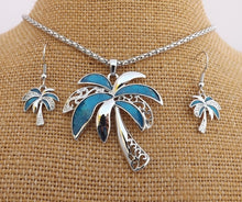 Load image into Gallery viewer, Blue &amp; Silver Tone Palm Tree Necklace &amp; Earrings Set
