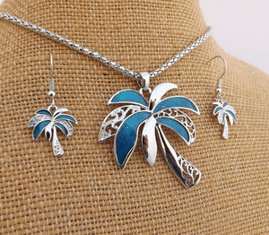 Blue & Silver Tone Palm Tree Necklace & Earrings Set