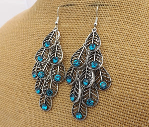 Blue & Silver Tone Peacock Feather Drop Earrings