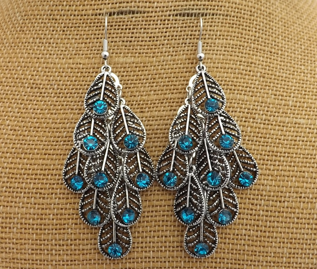 Blue & Silver Tone Peacock Feather Drop Earrings