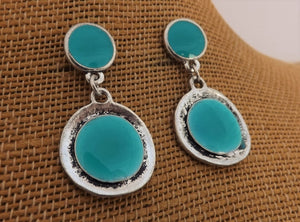 Blue & Silver Tone Round Drop Earrings on Stud Setting