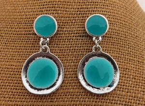 Blue & Silver Tone Round Drop Earrings on Stud Setting