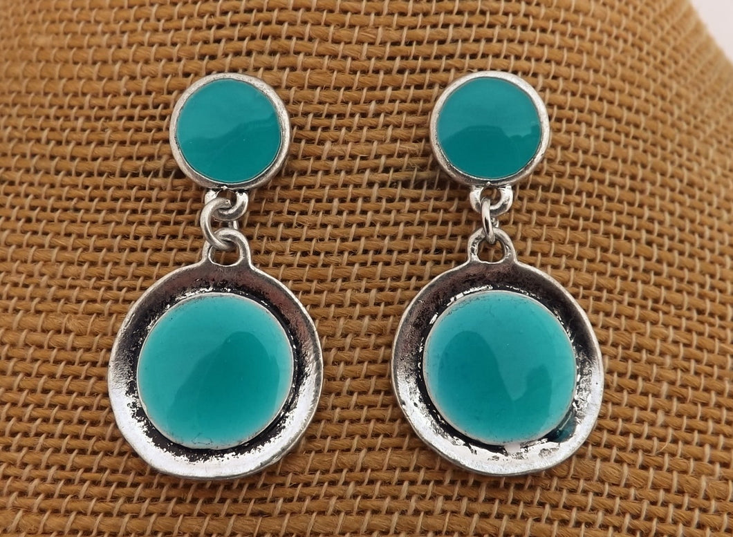 Blue & Silver Tone Round Drop Earrings on Stud Setting