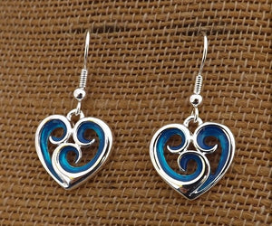 Blue & Silver Tone Spiraled Heart Drop Earrings