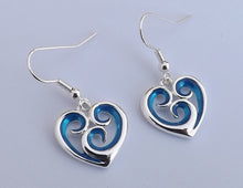 Load image into Gallery viewer, Blue &amp; Silver Tone Spiraled Heart Drop Earrings
