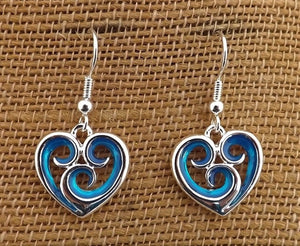 Blue & Silver Tone Spiraled Heart Drop Earrings