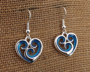 Blue & Silver Tone Spiraled Heart Drop Earrings