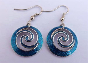 Blue & Silver Tone Spiraled Round Drop Earrings