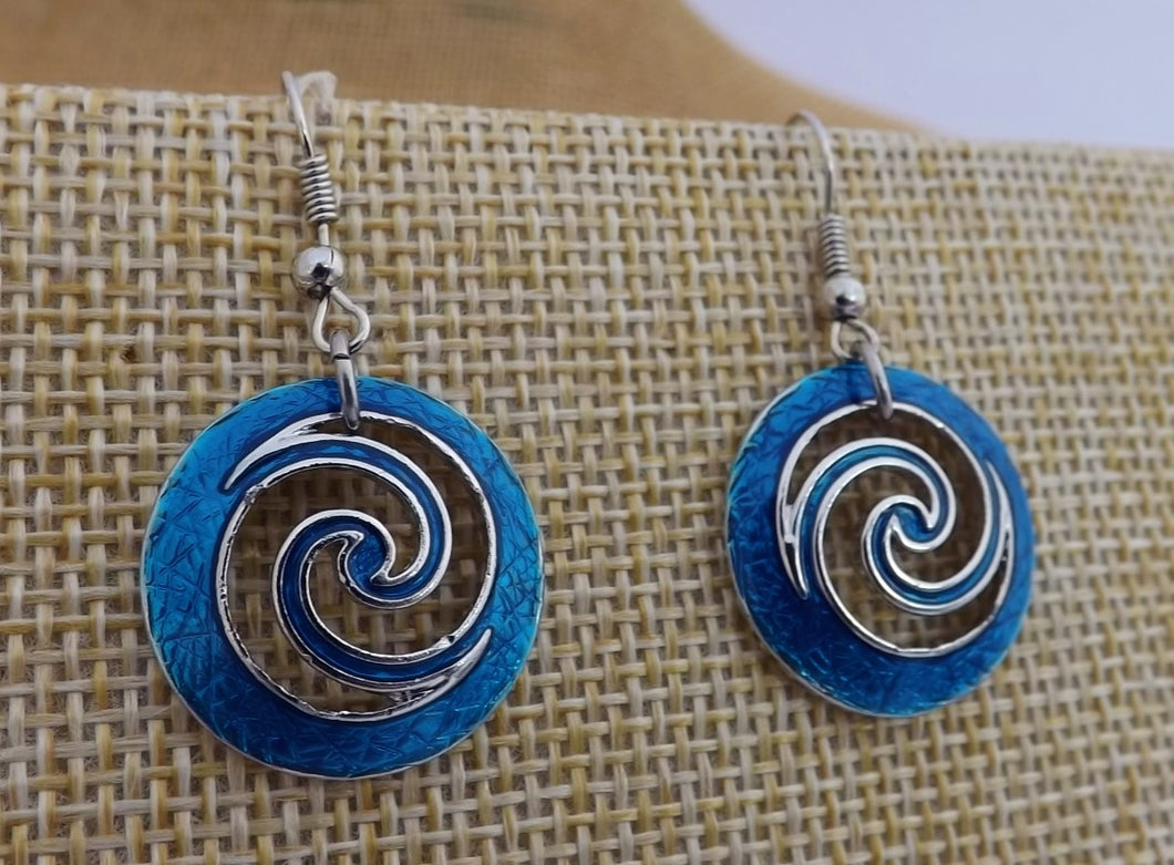 Blue & Silver Tone Spiraled Round Drop Earrings