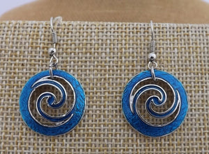 Blue & Silver Tone Spiraled Round Drop Earrings