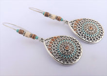 Load image into Gallery viewer, Blue, Tan &amp; Silver Tone Drop Earrings on Long Hooks
