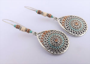 Blue, Tan & Silver Tone Drop Earrings on Long Hooks