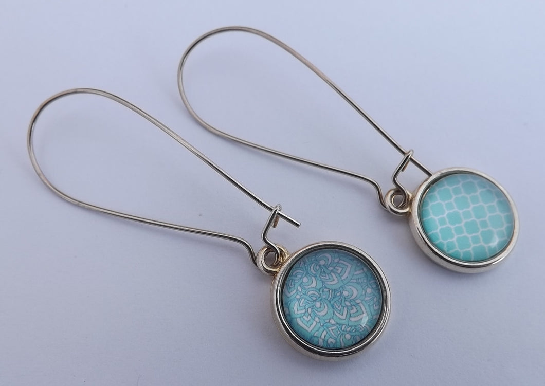 Blue & Teal Patterns Double Sided Dome Earrings on Long Kidney Hooks