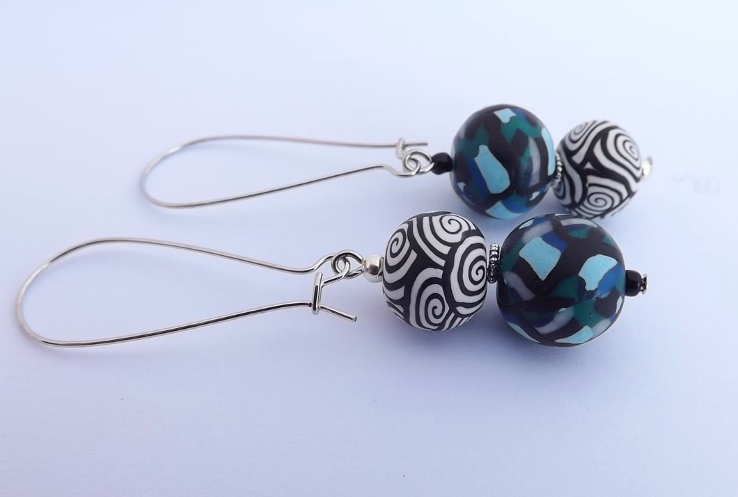 Blue, Teal, Black & White Kathryn Design Bead Earrings on Long Kidney Hooks