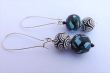 Load image into Gallery viewer, Blue, Teal, Black &amp; White Kathryn Design Bead Earrings on Long Kidney Hooks
