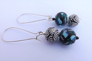 Blue, Teal, Black & White Kathryn Design Bead Earrings on Long Kidney Hooks