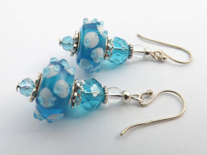 Blue & White 3D Art Glass Bead Earrings on Sterling Silver Hooks