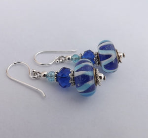 Blue & White Art Glass Bead Earrings on Sterling Silver Hooks (R)