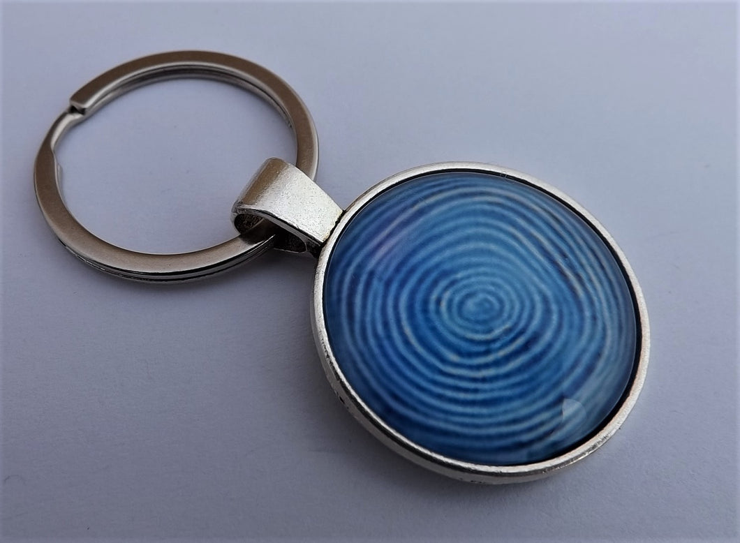 Blue & White Circles  - Silver Tone Dome Key Ring