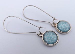 Blue & White Dome Earrings on Long Silver Tone Kidney Hooks