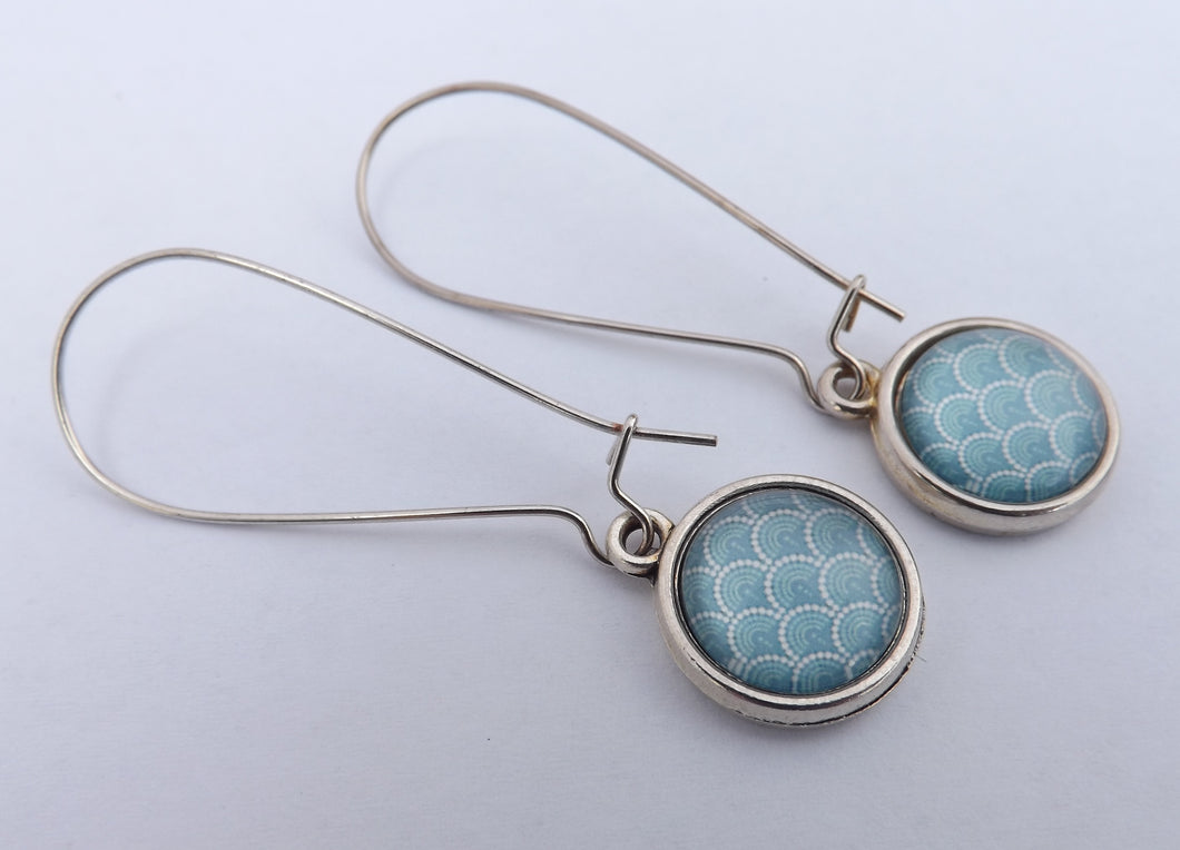 Blue & White Dome Earrings on Long Silver Tone Kidney Hooks