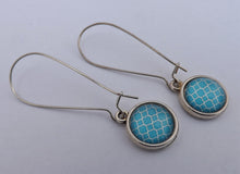 Load image into Gallery viewer, Blue &amp; White Dome Earrings on Long Silver Tone Kidney Hooks
