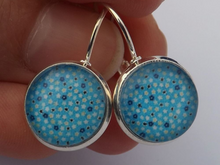 Load image into Gallery viewer, Blue &amp; White Floral Pattern Handmade Dome Earrings on Lever Back Hooks
