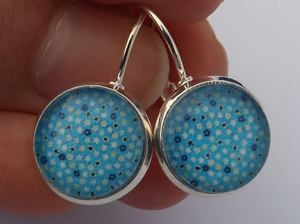 Blue & White Floral Pattern Handmade Dome Earrings on Lever Back Hooks