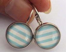 Load image into Gallery viewer, Light Blue &amp; White Stripes - Silver Tone Dome Earrings on Lever Back Hooks
