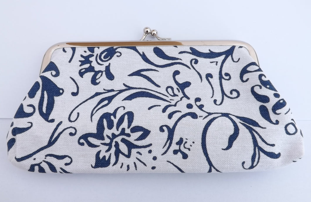 Blue & White Wide Floral Vintage Style Coin Purse (two options)