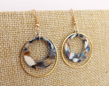 Load image into Gallery viewer, Blue, White &amp; Gold Tone Round Acrylic Drop Earrings
