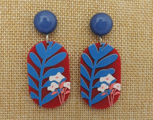 Load image into Gallery viewer, Blue, White &amp; Red Floral and Leaf Acrylic Earrings
