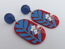 Load image into Gallery viewer, Blue, White &amp; Red Floral and Leaf Acrylic Earrings
