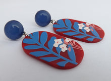 Load image into Gallery viewer, Blue, White &amp; Red Floral and Leaf Acrylic Earrings

