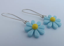 Load image into Gallery viewer, Blue &amp; Yellow Daisy Plastic Drop Earrings on Long Kidney Hooks
