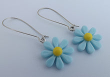 Load image into Gallery viewer, Blue &amp; Yellow Daisy Plastic Drop Earrings on Long Kidney Hooks
