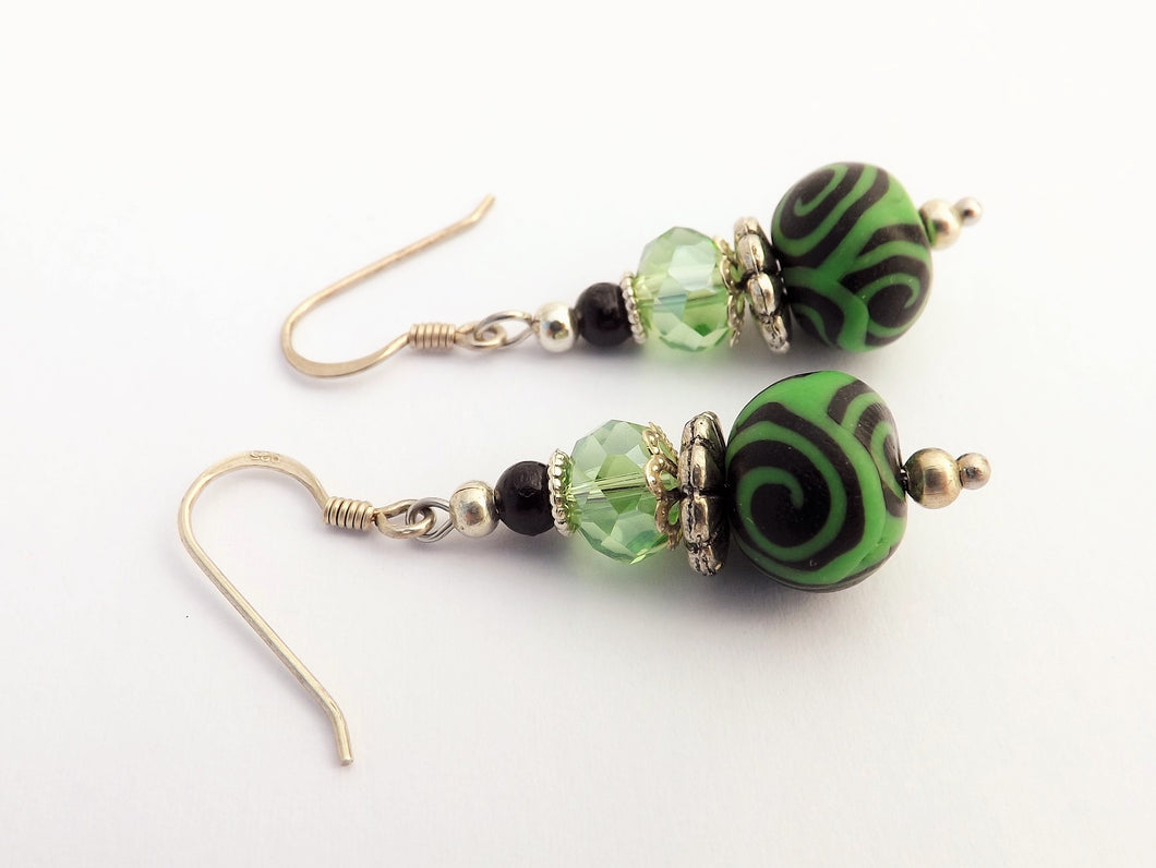 Bright Green & Black Kathryn Design bead earrings on Sterling Silver Hooks