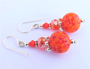 Bright Orange Flecked Kathryn Design Bead Earrings on Sterling Silver Hooks