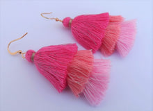 Load image into Gallery viewer, Bright Pink Triple Layered Tassel Earrings
