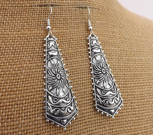 Bright Silver Tone Long Boho Drop Earrings