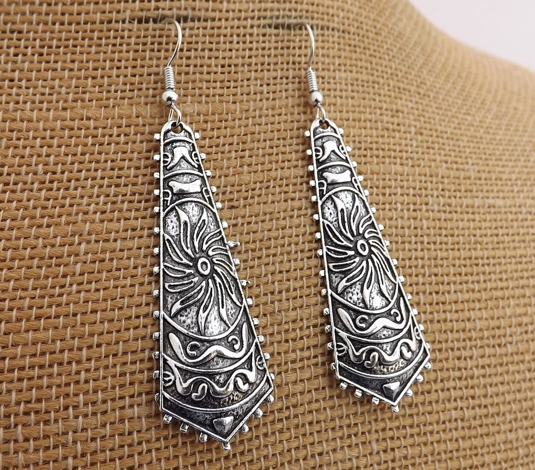 Bright Silver Tone Long Boho Drop Earrings