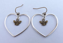 Load image into Gallery viewer, Bronze Tone Bee in Heart, Drop Earrings
