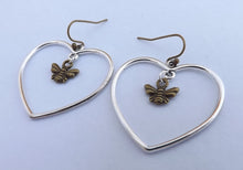 Load image into Gallery viewer, Bronze Tone Bee in Heart, Drop Earrings
