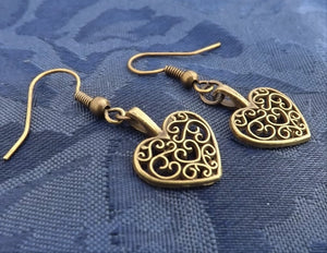 Filigree Style Heart Drop Earrings (Bronze or Silver)