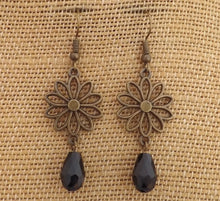 Load image into Gallery viewer, Bronze Tone Flower with Black Crystal Cut Teardrop, Earrings
