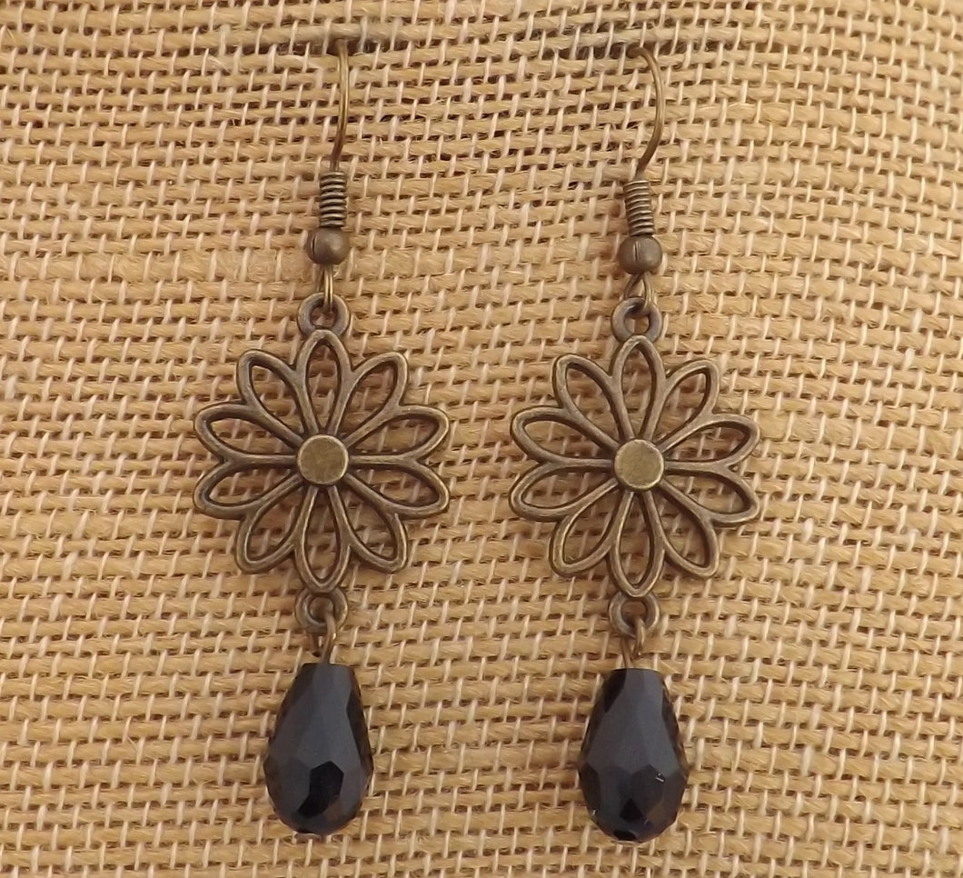 Bronze Tone Flower with Black Crystal Cut Teardrop, Earrings